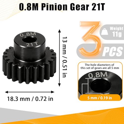 3-Pack Steel Metal 0.8M 5mm Pinion Motor Gear Sets 21T Compatible with HPI Kyosho Losi Axial Tamiya 1/8 1/10 RC Car Monster Truck Buggy, 0.8 Module Gear for Traxxsa Arrma - style: 3Pcs 21T