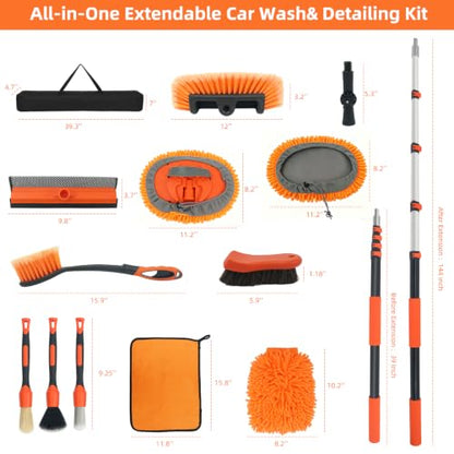 12FT Car Wash Brush with Long Handle Extension Pole Soft Bristle Car Cleaning Kit,Wheel & Tire Brush,Microfiber Wash Mop & Mitt,Window Squeegee,Detailing Brushes for Car RV Truck Boat House