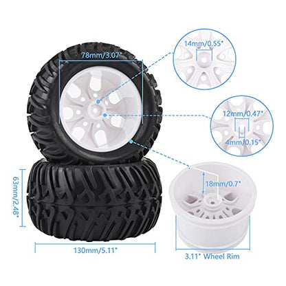 RC Tires & Wheels Set, Silver Plated Rims, 4PCS | 1/10 Scale, 12mm Hex, Monster Truck & Short Course, Foam Inserts - color: White