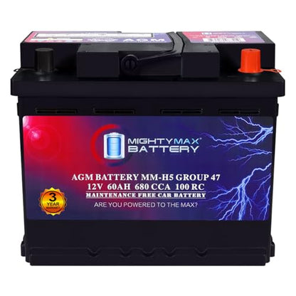 Mighty Max Battery MM-H5 Start and Stop Car BCI Group Size 47 12V 60 AH, 100RC, 680 CCA Rechargeable AGM Car Battery - style: Group 47