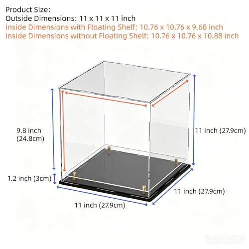 Acrylic Display Case with Raised Shelf, Clear Display Box with Black Base & Gold Standoffs, Dustproof Showcase for Collectibles, Figures, Model Cars – Easy Assembly (11×11×11 Inch) - size: 11"L x 11"W x 11"H