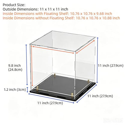 Acrylic Display Case with Raised Shelf, Clear Display Box with Black Base & Gold Standoffs, Dustproof Showcase for Collectibles, Figures, Model Cars – Easy Assembly (11×11×11 Inch) - size: 11"L x 11"W x 11"H