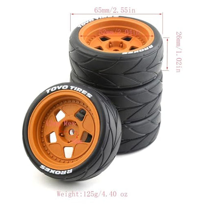 Lifehead 65mm On Road Rubber Tires& Wheels Rims 12mm Hex Hub for HPI Ken Block's Tamiya XV01 TT01 TT02B Kyosho FAZER MK2 Lc racing PTG HSP RGT RC 3RACING D5 1/10 RC Rally Car - color: Brown 3