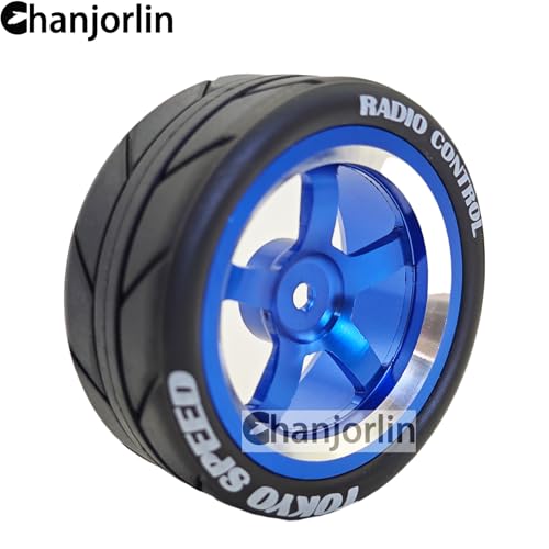 1/10 On Road Racing Tires And 5-Spoke Aluminum Wheels 12mm Hex OD 2.56" RC Touring Tyres For 1:10 Rally Street Drift Car Tamiya TT01 TT02 XV01 A959 PTG2 KYOSHO HSP Traxxas 4PCS (Blue) - color: Blue