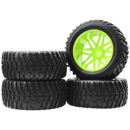 OD 96mm RC Off Road Short Course Truck Tire w/Plastic Rim 12mm Hex Compatible with 1/10 Scale Buggy Car HSP 94170 94155 Wltoys 1/14 144001 124019 RC Car (Green) - color: Green