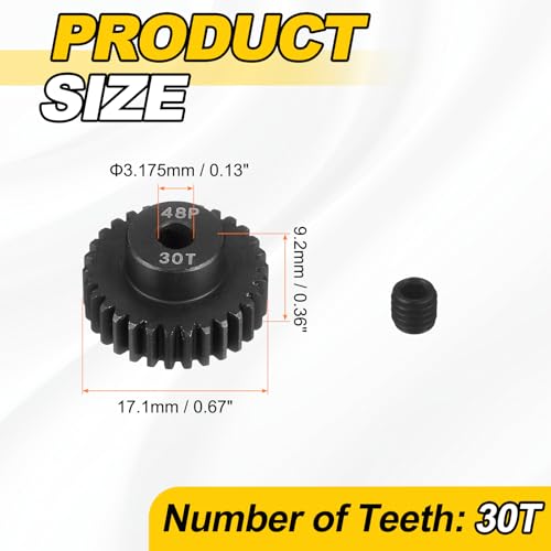MECCANIXITY 48P Hardened Steel Pinion Gear, 30T 3.175mm Shaft Metal Motor Gear with Hex Key for RC Brushless Brush Motor Model Car Replace(Black) - size: 30T