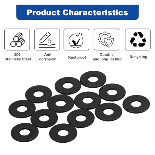 ZQZ 138Pcs 1/4" x 7/10" Flat Washers, 304 Stainless Steel Fender Washers, Black Finish, Standard Stainless Steel Washers for Screws - size: B-1/4" x 7/10"-138 Pieces