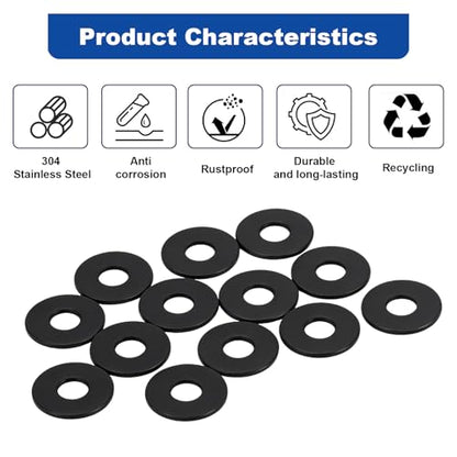 ZQZ 138Pcs 1/4" x 7/10" Flat Washers, 304 Stainless Steel Fender Washers, Black Finish, Standard Stainless Steel Washers for Screws - size: B-1/4" x 7/10"-138 Pieces