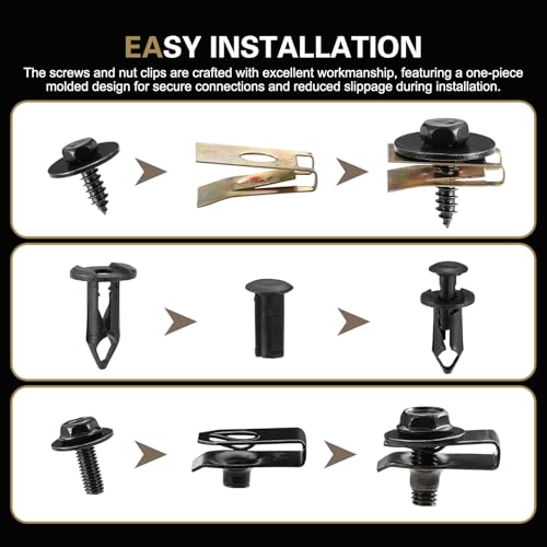 100 PCS Automotive U Clips and Screws Kit, Body Bolts and Clips Assortment Kit, Self Tapping Bumper Fender Screws Fasteners, Suitable for Body Bumper Fender Trim Panels Splash Shield (Black)