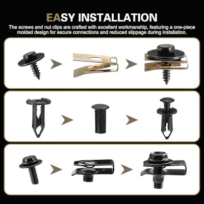 100 PCS Automotive U Clips and Screws Kit, Body Bolts and Clips Assortment Kit, Self Tapping Bumper Fender Screws Fasteners, Suitable for Body Bumper Fender Trim Panels Splash Shield (Black)
