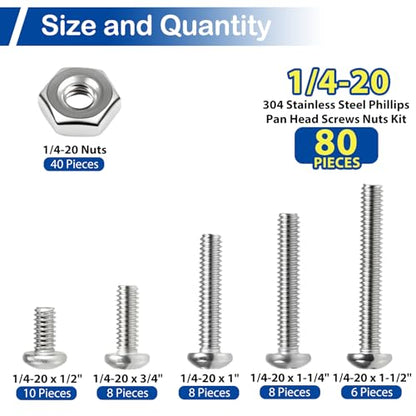 1/4-20 x 1/2" to 1-1/2" Pan Head Machine Screws Kit for Furniture Assembly | 80Pcs with Nuts, 304 Stainless Steel UNC Fully Threaded Phillips Drive, for Automotive Parts, Panel Mounting, Electronics DIY - size: 1/4-20