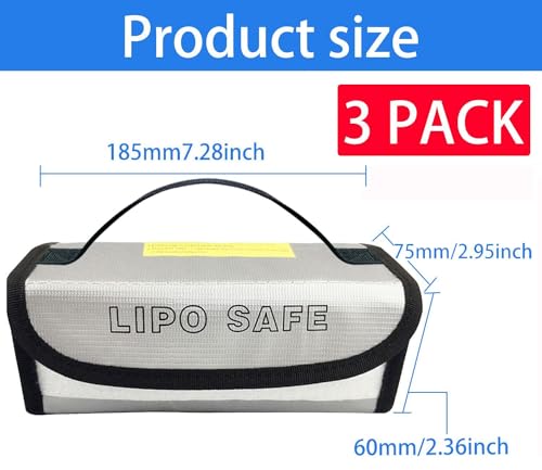 3PCS 185 * 60 * 75mm Lipo Battery Safe Bag Charging Bag for Lipo Battery Pack Storage Charging Transport,Home Travel Fireproof Safe Storage Pouch - size: 185*60*75mm