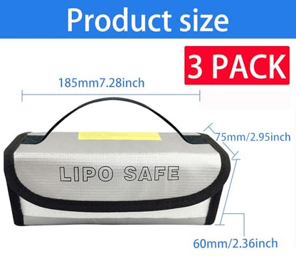 3PCS 185 * 60 * 75mm Lipo Battery Safe Bag Charging Bag for Lipo Battery Pack Storage Charging Transport,Home Travel Fireproof Safe Storage Pouch - size: 185*60*75mm