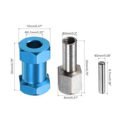 MECCANIXITY 8pcs 12mm Wheel Hex Drive Hubs Adapter Combiner Coupler, Aluminum 20mm Extension with Nut Latch for 1/10 RC Crawler Car Parts, Blue
