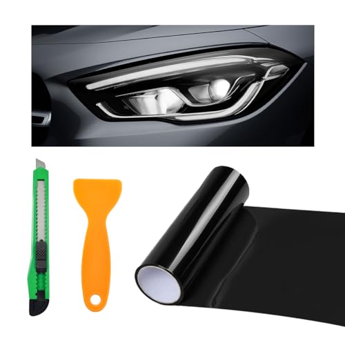 povtii Tint Vinyl Film Sticker Sheet Roll for Car Headlight, 12×48 Inch Auto Taillight Vinyl Wrap Film, Self Adhesive Fog Light Vinyl Film with Squeeze & Cutter, Car Accessories (Dark Black) - color: Dark Black