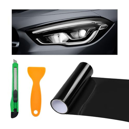 povtii Tint Vinyl Film Sticker Sheet Roll for Car Headlight, 12×48 Inch Auto Taillight Vinyl Wrap Film, Self Adhesive Fog Light Vinyl Film with Squeeze & Cutter, Car Accessories (Dark Black) - color: Dark Black