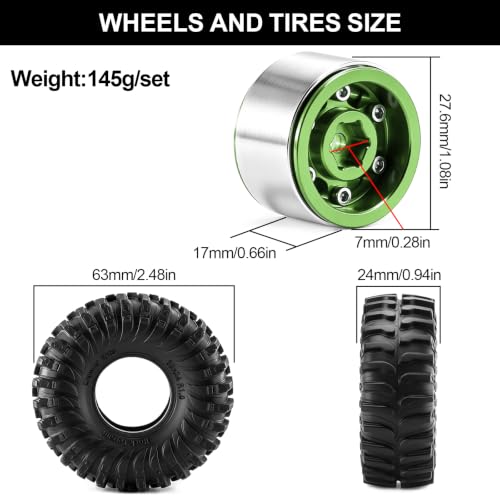 1.0" Beadlock Aluminum Wheels and 64mm Soft Rubber Tires | for SCX24, TRX4M, Ascent 18, FCX24, 1/18 1/24 RC Crawler, 7mm Hex, 0mm Offset, with Foam Inserts, (Green A) - color: Green a