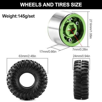 1.0" Beadlock Aluminum Wheels and 64mm Soft Rubber Tires | for SCX24, TRX4M, Ascent 18, FCX24, 1/18 1/24 RC Crawler, 7mm Hex, 0mm Offset, with Foam Inserts, (Green A) - color: Green a