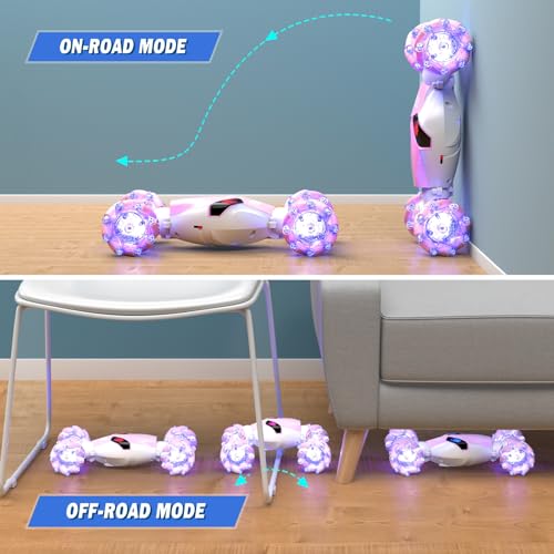 Gesture Sensing Rc Stunt Car with Light & Music, 2.4GH 4WD Hand Controlled Double Sided 360° Flips Off Road Transform Vehicle Truck with LED Eyes, Toy Gift for Kid Age 8+ Girls (Pink)