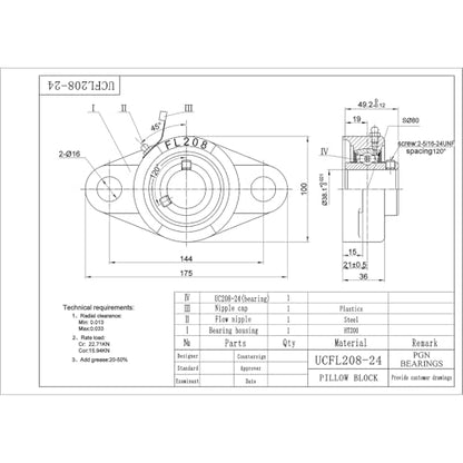 PGN UCFL208-24 (2 Pack) 2-Bolt Flange Bearing 1-1/2" Bore - size: 2, style: UCFL208-24