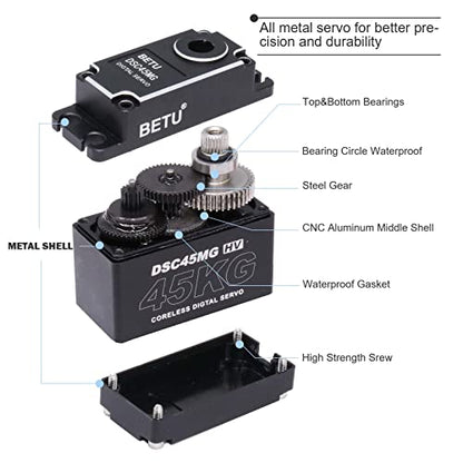 45Kg Coreless Servo Motor HV 8.4V, High Torque RC Digital Servo | Full Waterproof Servo, Stainless Steel Gear Servo with 25T Servo Horn(180°)