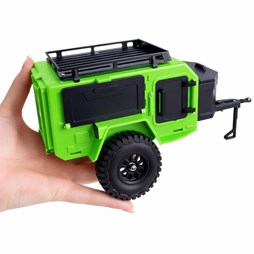 AMK 1/18 1/24 RC Crawler Trailer, Scale Off-Road Camping Trailer with Roof Rack & Storage Box, Tow Trailer for SCX24 TRX4M FCX24 AX24 Bronco Defender K10 F150 RC Accessories (Green) - color: Green