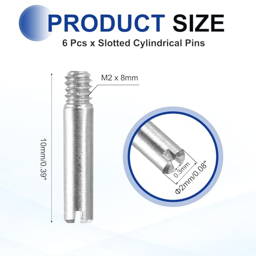 MECCANIXITY 6 Pcs M2 x 10mm Slotted Cylindrical Pins, 304 Stainless Steel Dowel External Thread Locating Parallel Pins Shelf Support Peg Pin for Furniture Installation, DIY Project - size: M2 x 10mm