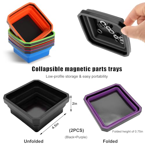 Yourkar Collapsible Magnetic Parts Tray, 4.5 Inch Foldable Magnetic Square Silicone Tray, Tool Tray Set with Double-Sided Magnetic Base for Screw Bolts Nuts Pins, Car Accessories (Black+Purple, 2PCS) - color: Black+Purple, 2PCS