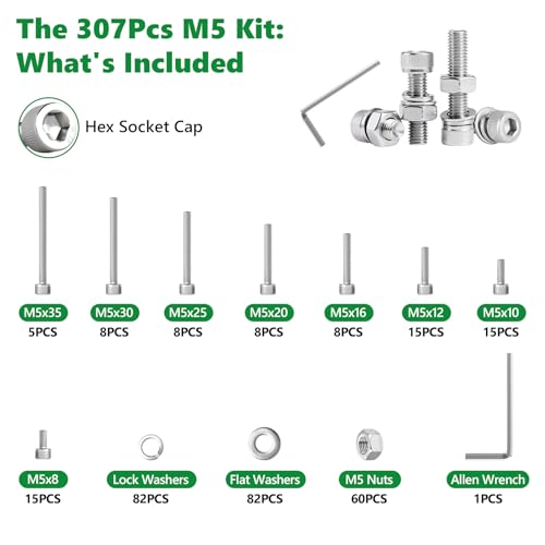 307 Pcs M5 Hex Socket Cap Screws Nuts Flat Washers Kit, 304 SS | with Flat & Spring Washers & Wrench, Heavy-Duty Metric Fasteners for Machinery & DIY, M5 x 8mm-35mm,Clear Label Storage Box - size: SS M5 307pcs 3