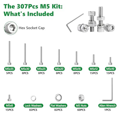 307 Pcs M5 Hex Socket Cap Screws Nuts Flat Washers Kit, 304 SS | with Flat & Spring Washers & Wrench, Heavy-Duty Metric Fasteners for Machinery & DIY, M5 x 8mm-35mm,Clear Label Storage Box - size: SS M5 307pcs 3