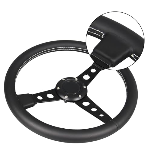 Car Drift Flat Steering Wheel Black Leather Grip 14inch/350mm Racing Sport Steering Wheel with White Stitching - color: black