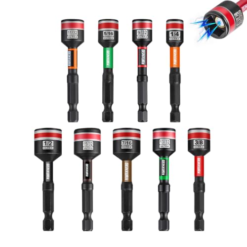 Impact Nut Driver Set, 9 Pieces 2.56 Inch Long 1/4 to 1/2 Magnetic SAE Nut Setter Set, 6 Point Alloy Steel Use 1/4” Hex Shank Impact Driver Stored in Portable Storage Cases for Repair - size: 2.56", style: 2.56"-S