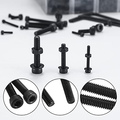 1080 Pcs M2 M3 M4 Hex Button Socket Head Cap Screws Bolts Nuts Flat Washers Assortment Kit, Alloy Steel Black Machine Screws and Nuts and Bolts and Washers Set (1080Black) - color: 1080Black