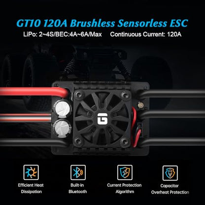 GLOBACT GT10 120A Brushless ESC 2-4S Lipo for Traxxas Arrma Big Rock LOSI | Built-in Bluetooth, Waterproof , Sensorless Electronic Speed Controller, 1/10 RC Truck Upgrades