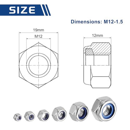 10Pcs Nylon Locking Hex Nuts - [M12 x 1.5mm], 304 Stainless Steel Hardware Nuts, Silver, for Automotive, Aerospace, Industrial Applications Use - color: Silver, size: M12x1.5mm
