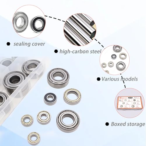 Dianrui 608RS/ 608ZZ/ 698ZZ/ 628ZZ/ 6903ZZ/ 6003ZZ/ 6203ZZ - 44 PCS Ball Bearings Assortment Kit, Carbon Steel Deep Groove Bearing for Furniture Wheel, Roller Skates, 3D Printing and ect—7 Size - size: Assorted kit