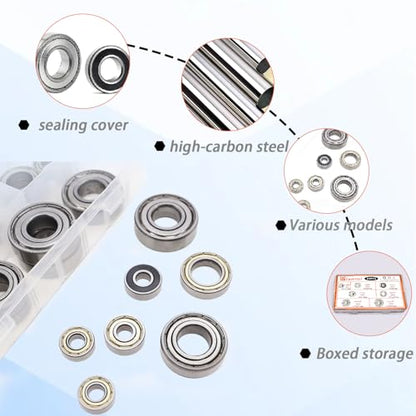 Dianrui 608RS/ 608ZZ/ 698ZZ/ 628ZZ/ 6903ZZ/ 6003ZZ/ 6203ZZ - 44 PCS Ball Bearings Assortment Kit, Carbon Steel Deep Groove Bearing for Furniture Wheel, Roller Skates, 3D Printing and ect—7 Size - size: Assorted kit