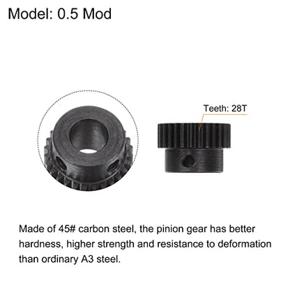 uxcell Pinion Gear Set, 45# Carbon Steel Motor Rack Spur Gear with Step Black, 0.5 Mod 28T 6mm Bore 15mm Outer Dia, M3 Set Screws Included