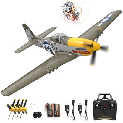 P51 Mustang RC Plane 4 Channel Brushless 500mm for Adults Outdoor | VOLANTEXR RTF RC Airplanes with X-Pilot Stabilizer, 3-Level Flight Mode to Learn, Aerobatic Flight for Fun, 2 Batteries