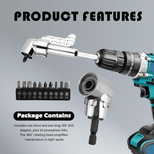 2PCS 105° Right Angle Drill Attachment & 25mm Screwdriver Bits Kit,Hex Magnetic 90 Degree Drill Attachment for Tight Space Repair,Universal Right Angle Drills Adapter