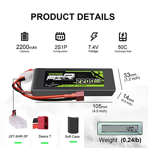 OVONIC 2200mAh 7.4V 2S Lipo Battery 50C Soft Case with Style-T Connector for RC Cars, Trucks, Planes, Drones – 2 Pack