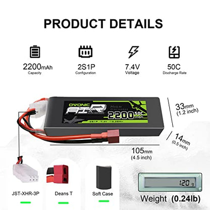 OVONIC 2200mAh 7.4V 2S Lipo Battery 50C Soft Case with Style-T Connector for RC Cars, Trucks, Planes, Drones – 2 Pack