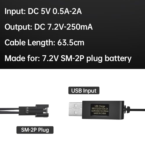 2PCS 7.2V 250mA USB Charging Cable with SM-2P Plug Connector for RC Excavators,Trucks,Tanks,Engineering Vehicles,RC Cars,Stunt Vehicles, 7.2V NiCd or NiMH or Lipo Battery USB Chargers