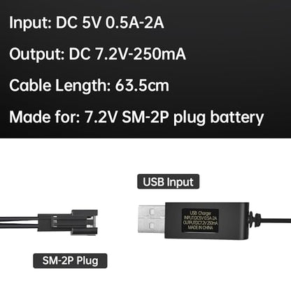 2PCS 7.2V 250mA USB Charging Cable with SM-2P Plug Connector for RC Excavators,Trucks,Tanks,Engineering Vehicles,RC Cars,Stunt Vehicles, 7.2V NiCd or NiMH or Lipo Battery USB Chargers