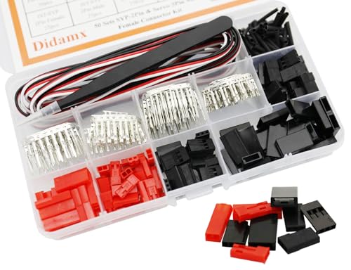 50 Sets JST Servo Connectors Male Female Crimp Pin and Cable Kit with Crimping Tool Compatible for Hitec, Futaba, Spektrum Model Airplanes and RC Cars