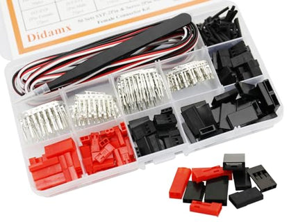 50 Sets JST Servo Connectors Male Female Crimp Pin and Cable Kit with Crimping Tool Compatible for Hitec, Futaba, Spektrum Model Airplanes and RC Cars
