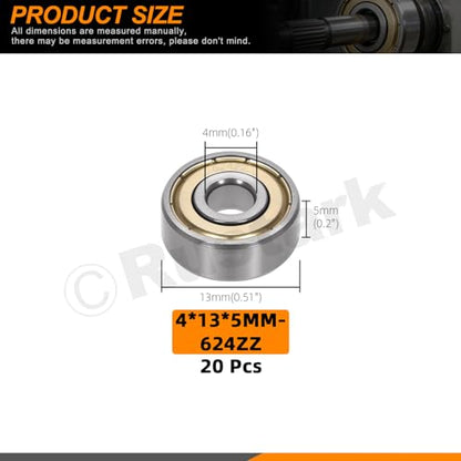 20Pcs 624ZZ High Carbon Steel Ball Bearing Deep Groove Ball Bearing Double Shielded Bearings Small Bearings for Furniture Wheels Skateboards Scooters - size: 624ZZ/0.16x0.51x0.2inch, style: high carbon steel