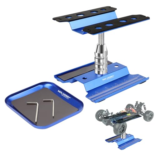 RC Car Stand Aluminum Repair Workstation with 360 Degree Rotation, Lift & Lower Function Screw Tray for 1/8 1/10 1/12 1/16 Scale RC Models Compatible with RC Crawler Monster Truck Buggy (Blue) - color: Blue
