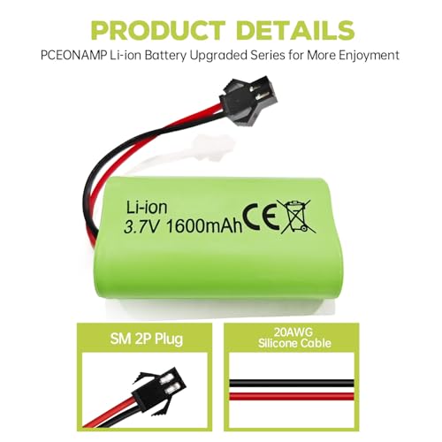 sea jump 2PCS 3.7V 1600mAh Li-ion Battery SM-2P Plug with USB Charging Cable for 9962 8837 Remote Control Toy Car, Engineering Vehicle, and Truck Backup Battery