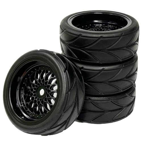 4PCS 64mm Rubber Tires and Plastic Wheel Rims Set 12mm Hex Replacement Part for Sakura Tamiya TT02 HPI HSP Kyosho 1/10 RC On Road Run-flating Touring Racing Car Tyre(Black,Offset:3MM) - color: Black, size: Offset:3mm